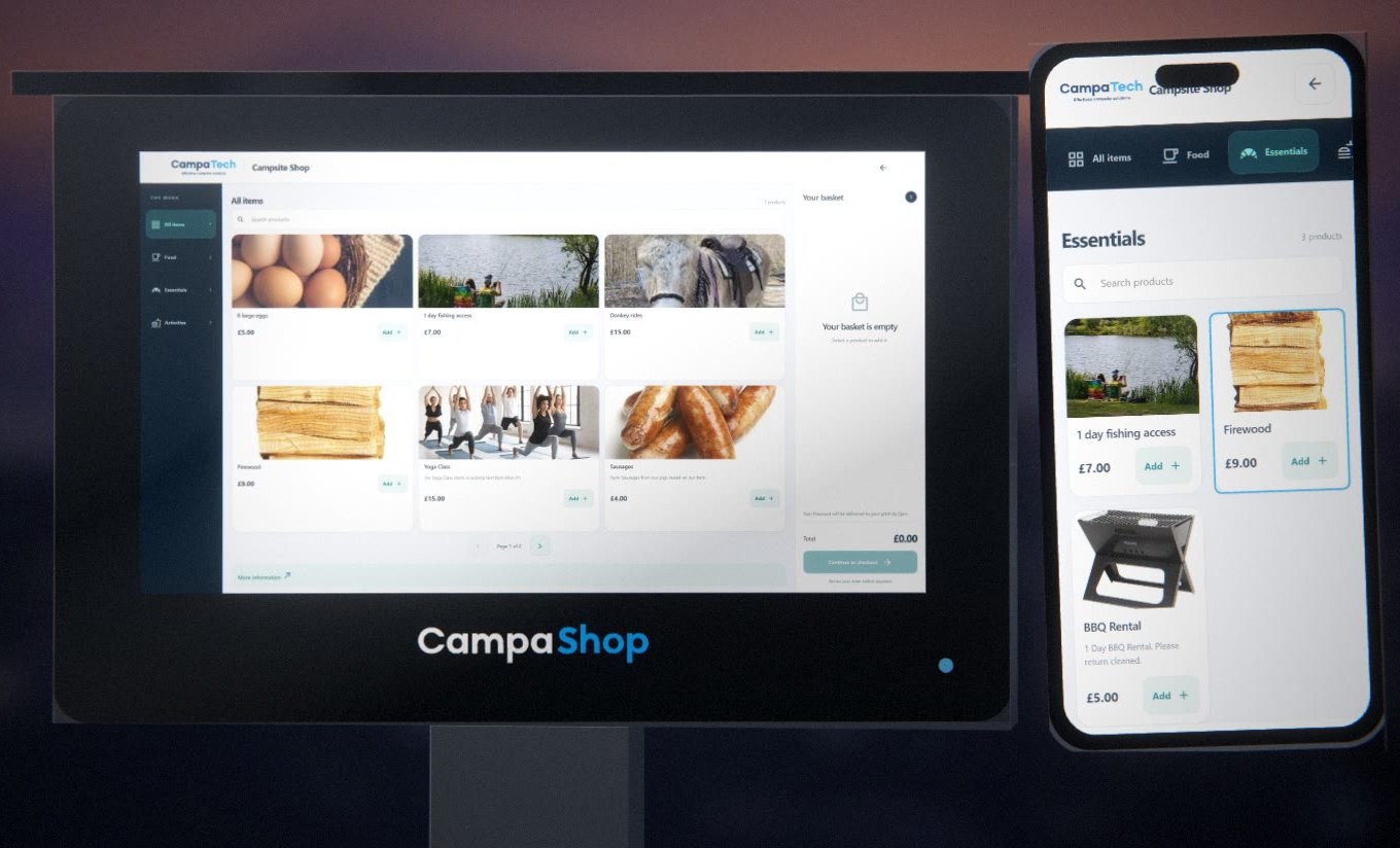 CampaShop self-service campsite shop on an outdoor touchscreen and a guest's phone